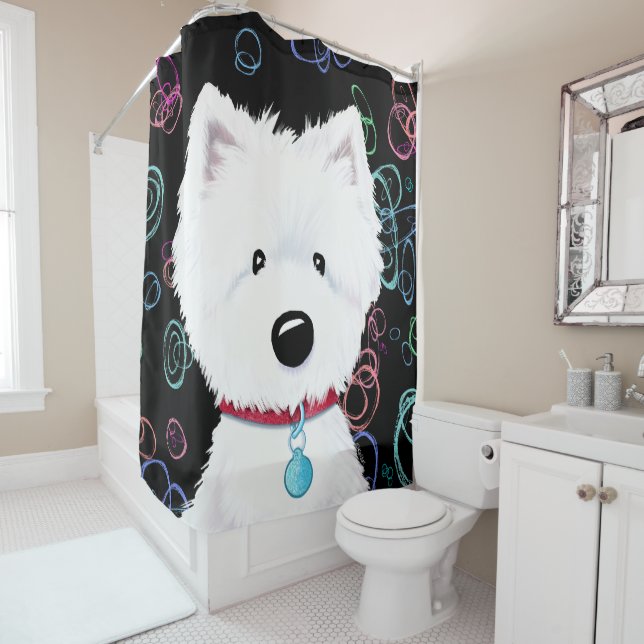 Fluffy Westie Colours Black Shower Curtain (In Situ)