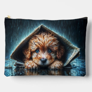 Fluffy wet puppy seeking warmth and comfort accessory pouch