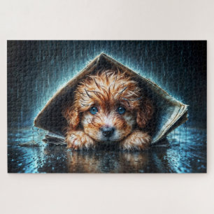 Fluffy wet puppy seeking warmth and comfort jigsaw puzzle