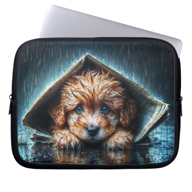 Fluffy wet puppy seeking warmth and comfort laptop sleeve (Front)