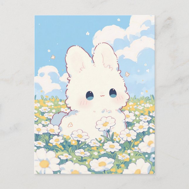 Fluffy White Bunny Daisy Meadow Illustration Postcard (Front)