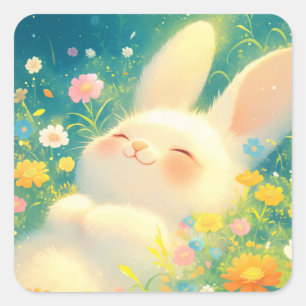Fluffy White Bunny Sleeping in Colorful Wildflower Square Sticker