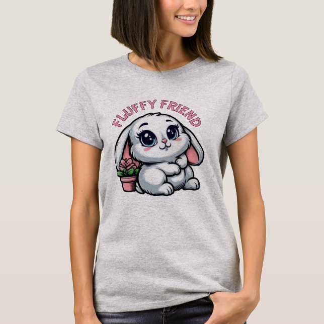 Fluffy White Bunny with Plant Pot T-Shirt (Front)