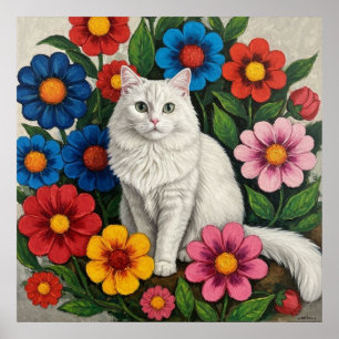 Fluffy White Cat and Folk Art Flowers Poster