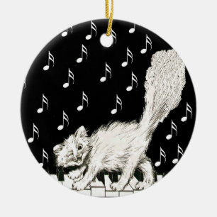 Fluffy White Cat Walking on Piano Keys Music Notes Ceramic Tree Decoration
