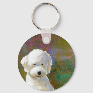 Fluffy white dog adorable puppy thinking fun art key ring