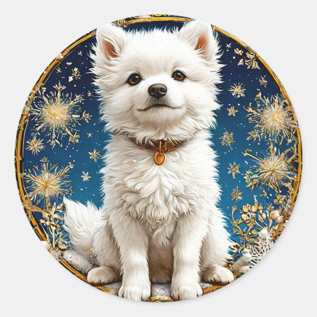 fluffy white dog classic round sticker (Front)