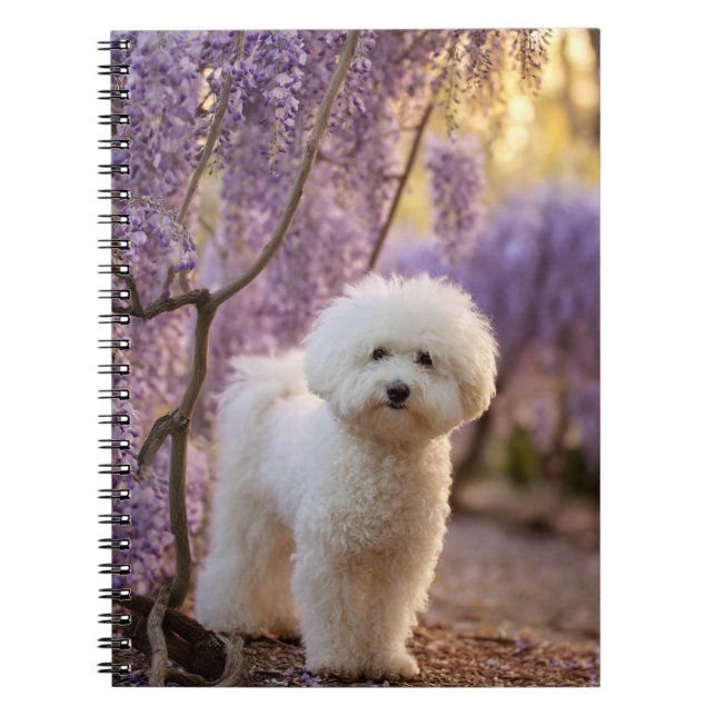 Fluffy White Dog in Wisteria Spiral Notebook (Front)