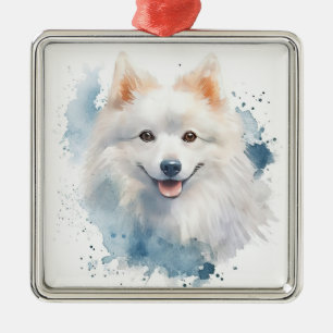 FLUFFY WHITE JAPANESE SPITZ DOG METAL ORNAMENT
