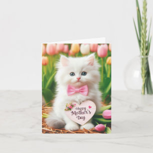 Fluffy White Kitten in Tulip Field Card