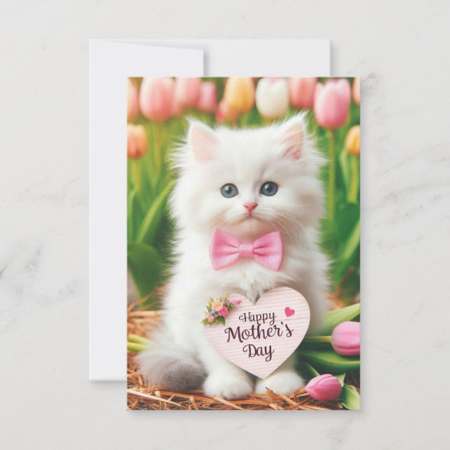 Fluffy White Kitten in Tulip Field Mother's Day Card (Front)