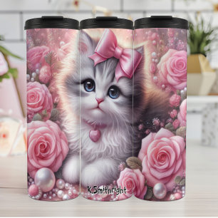Fluffy White Kitten Pink Roses Thermal Tumbler