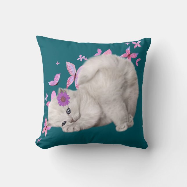 Fluffy White Kitten Surrounded by Pink Flowers and Cushion (Front)