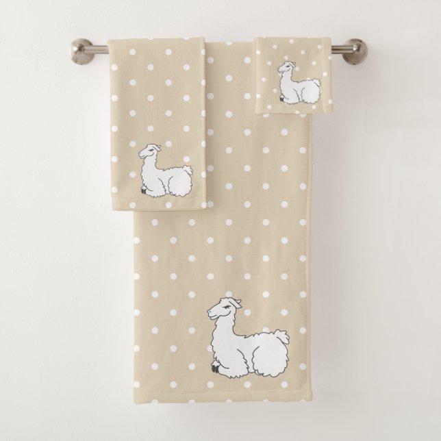 Fluffy White Llamas & Polka Dots Taupe Bath Towel Set (Insitu)