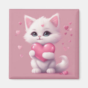 Fluffy White Love Kitten Magnet