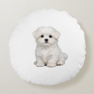 Fluffy White Maltese Puppy Portrait Cute Dog Lover Round Cushion