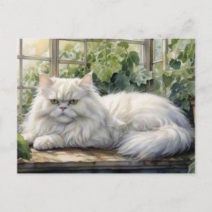Fluffy White Persian Cat in a Garden Postcard
