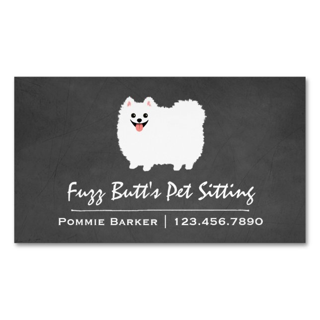 Fluffy White Pomeranian Magnetic Business Card (Front)