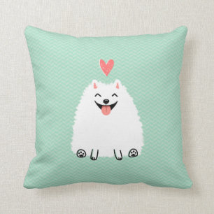 Fluffy White Pomeranian with Valentine Heart Cushion