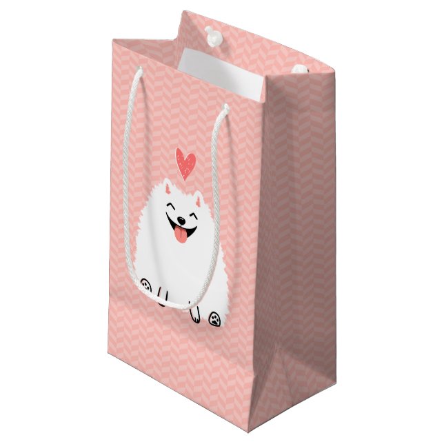 Fluffy White Pomeranian with Valentine Heart Small Gift Bag (Front Angled)
