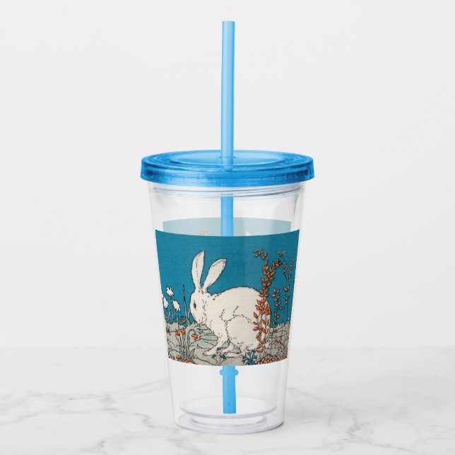 Fluffy White Rabbit Sitting Among Flowers Blue Acrylic Tumbler (Front)