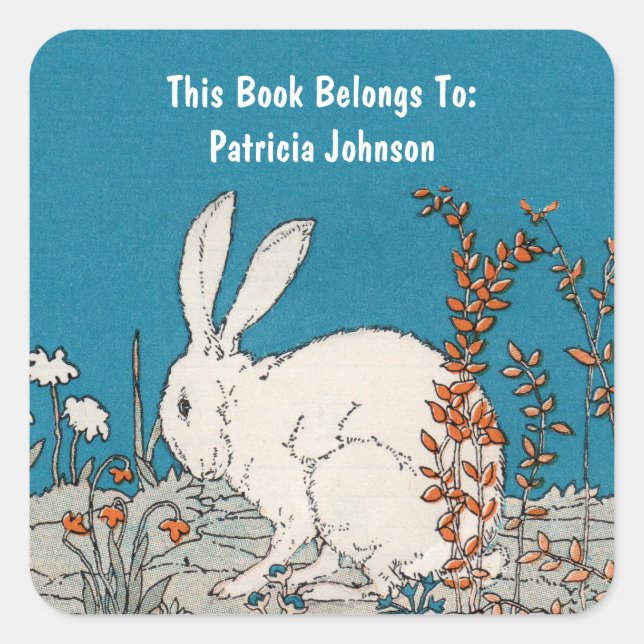 Fluffy White Rabbit Sitting in Flowers Blue Book Square Sticker (Front)