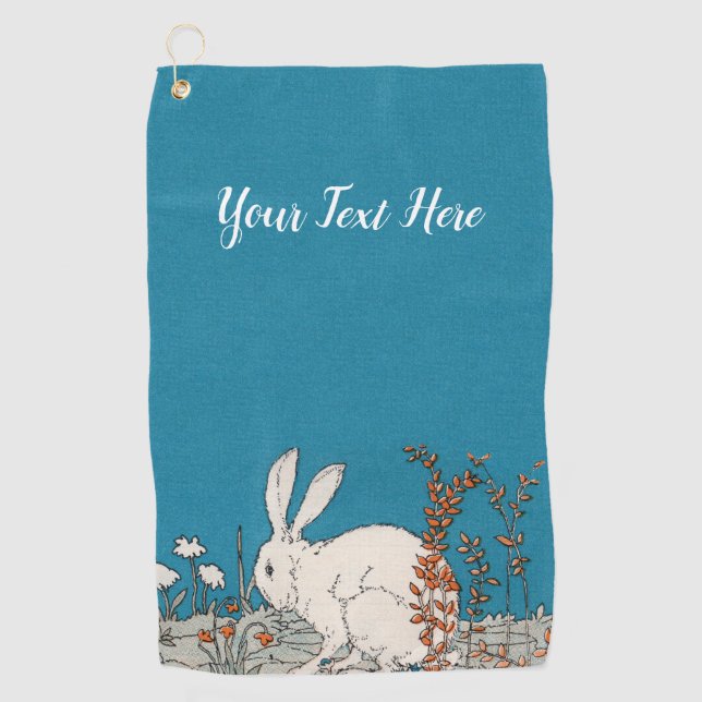 Fluffy White Rabbit Sitting in Flowers Blue Golf Towel (Front)