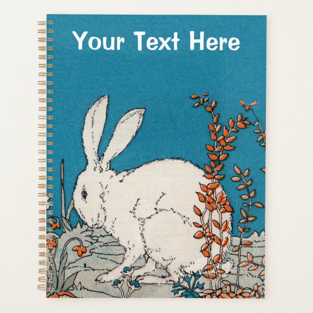 Fluffy White Rabbit Sitting in Pretty Flowers Blue Planner (Front)