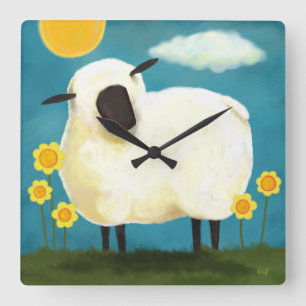 Fluffy White Sheep & Flowers Wall Clock