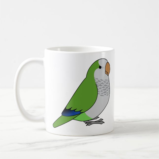 Fluffy wild green quaker parrot cartoon drawing coffee mug (Left)