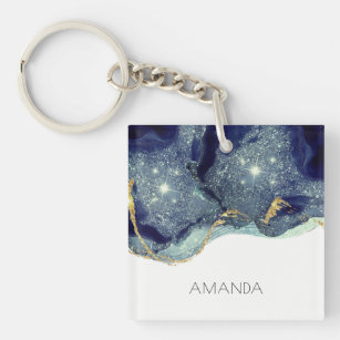 Fluid Abstract Alcohol Ink Gold Navy Glitter Key Ring