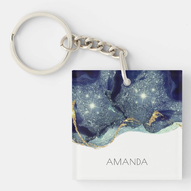 Fluid Abstract Alcohol Ink Gold Navy Glitter Key Ring (Front)
