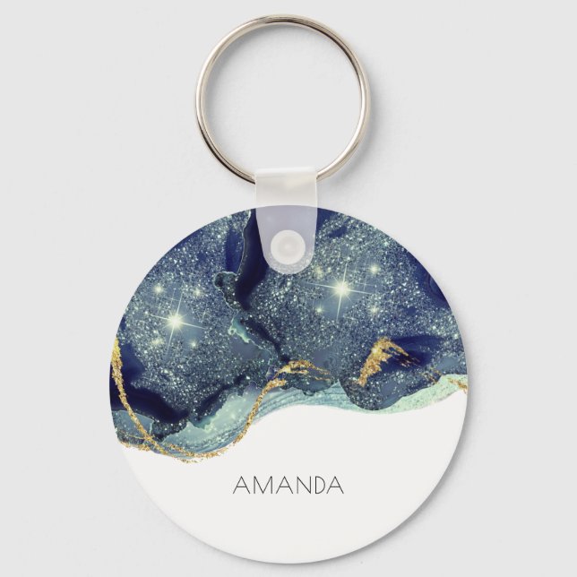 Fluid Abstract Alcohol Ink Gold Navy Glitter Key Ring (Front)