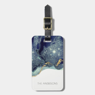 Fluid Abstract Alcohol Ink Gold Navy Glitter Luggage Tag