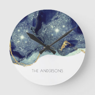 Fluid Abstract Alcohol Ink Gold Navy Glitter Round Clock