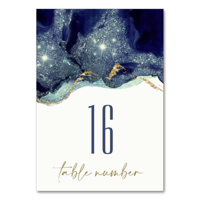 Fluid Abstract Alcohol Ink Gold Navy Glitter Table Number (Front)