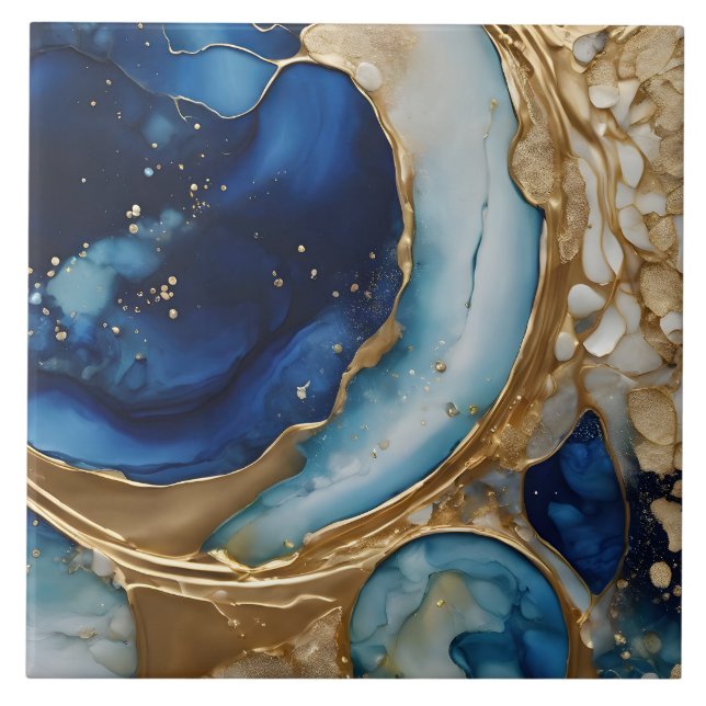 Fluid Abstract Gold-Navy Beach Ceramic Tile (Front)