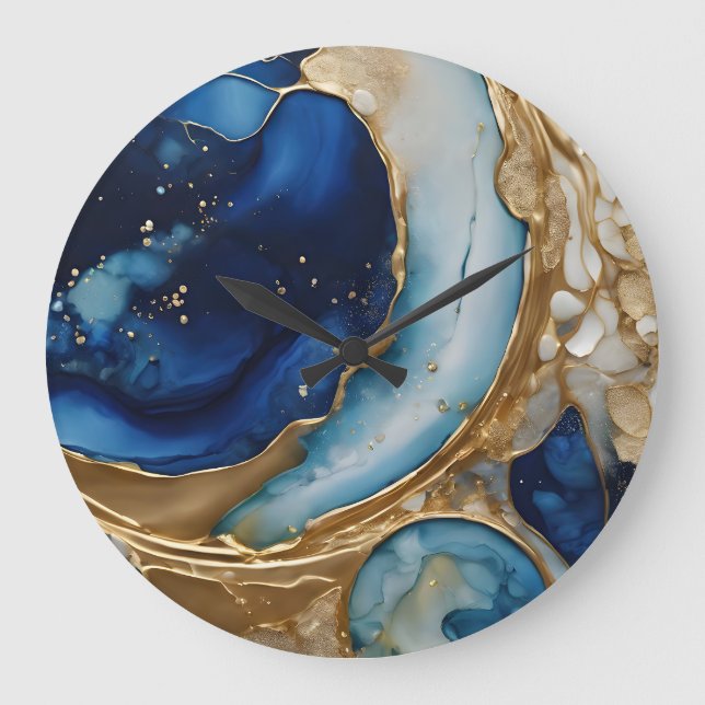 Fluid Abstract Gold-Navy Beach Large Clock (Front)