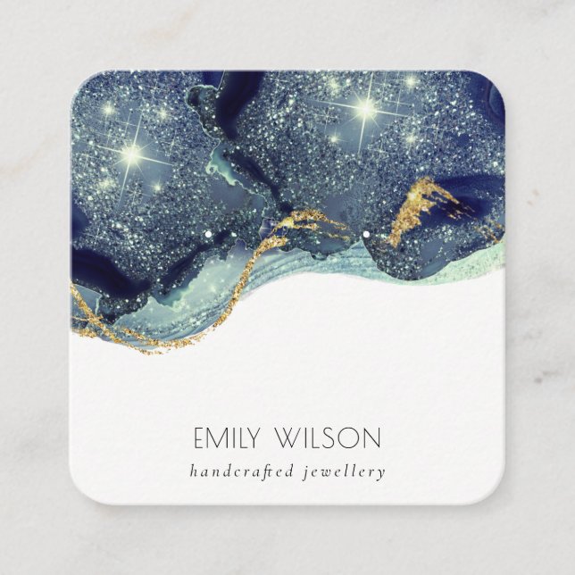 Fluid Abstract Gold Navy Glitter Earring Display Square Business Card (Front)