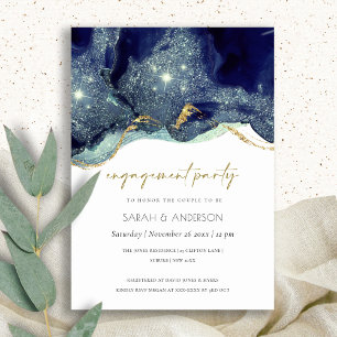 Fluid Abstract Gold Navy Glitter Engagement Invite