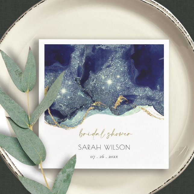 Fluid Abstract Ink Gold Navy Glitter Bridal Shower Napkin (Creator Uploaded)