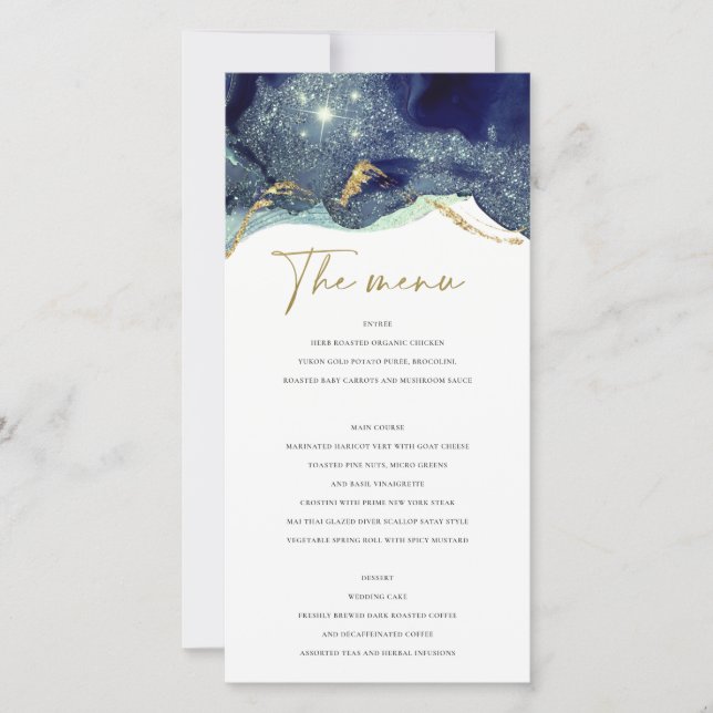 Fluid Abstract Ink Gold Navy Glitter Menu Card (Front)
