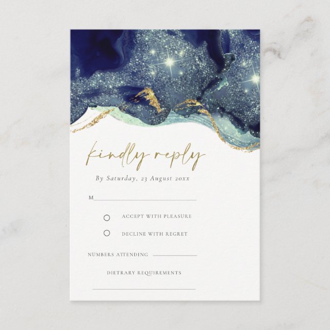Fluid Abstract Navy Glitter Wedding RSVP Enclosure Card (Front)