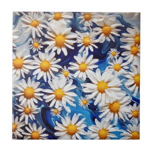 Fluid Abstract Painting Daisies Floral Art Ceramic Tile