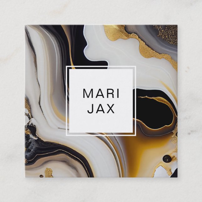 Fluid abstract with white, gold and black square business card (Front)