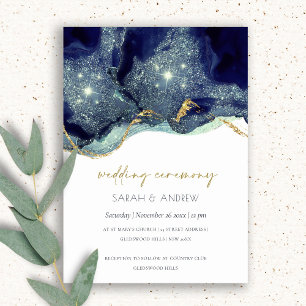 Fluid Alcohol Ink Navy Glitter Wedding Invite