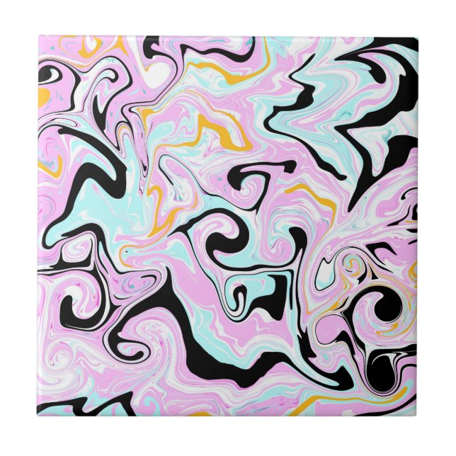 Fluid Art  Cotton Candy Pink, Teal, Black and Gold Ceramic Tile (Front)
