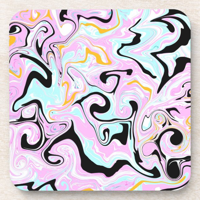 Fluid Art  Cotton Candy Pink, Teal, Black and Gold Coaster (Front)