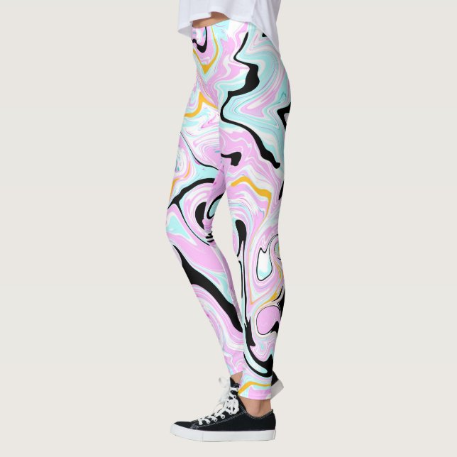 Fluid Art  Cotton Candy Pink, Teal, Black and Gold Leggings (Left)