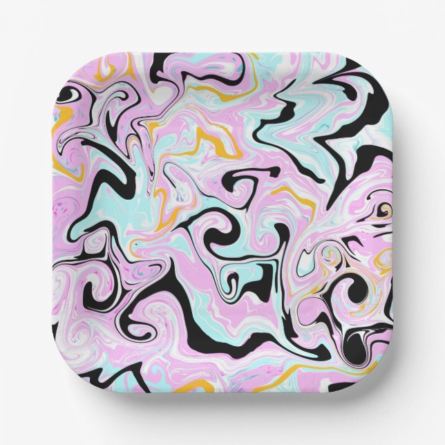 Fluid Art  Cotton Candy Pink, Teal, Black and Gold Paper Plate (Front)